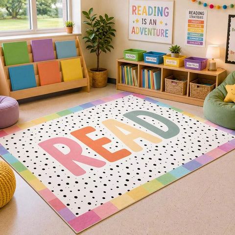 Polka Border READ Letter Back To School Print Pattern Carpet, Soft Pastel Reading Corner Tone, Flannel Material Area Rugs, Soft Skin-Friendly Rug Area, Library Classroom Decor, Literacy Learning Back To School Floor
